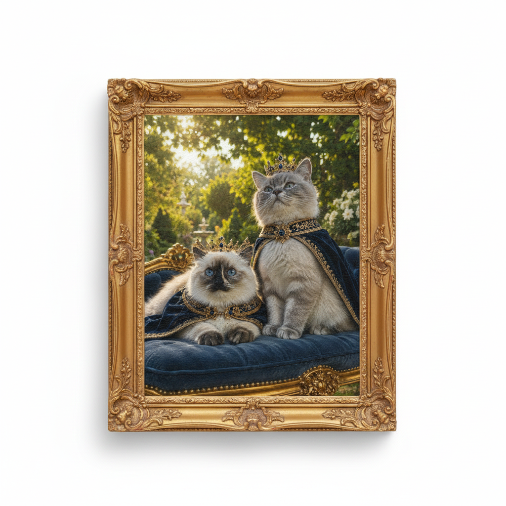 Koninklijk huisdierportret van twee katten met kroon en mantel